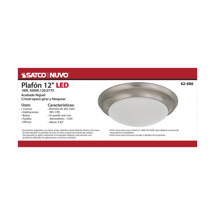 SATCO/NUVO 18W Flush Mount Twist And Lock Fixture LED 12 Inch Brushed Nickel Finish Frosted Glass 1500Lm 3000K 90 CRI (62-686)