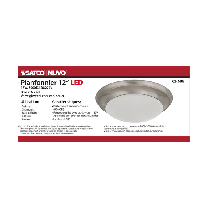 SATCO/NUVO 18W Flush Mount Twist And Lock Fixture LED 12 Inch Brushed Nickel Finish Frosted Glass 1500Lm 3000K 90 CRI (62-686)