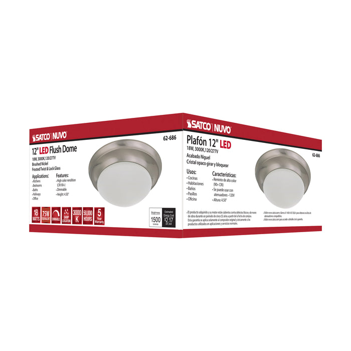SATCO/NUVO 18W Flush Mount Twist And Lock Fixture LED 12 Inch Brushed Nickel Finish Frosted Glass 1500Lm 3000K 90 CRI (62-686)