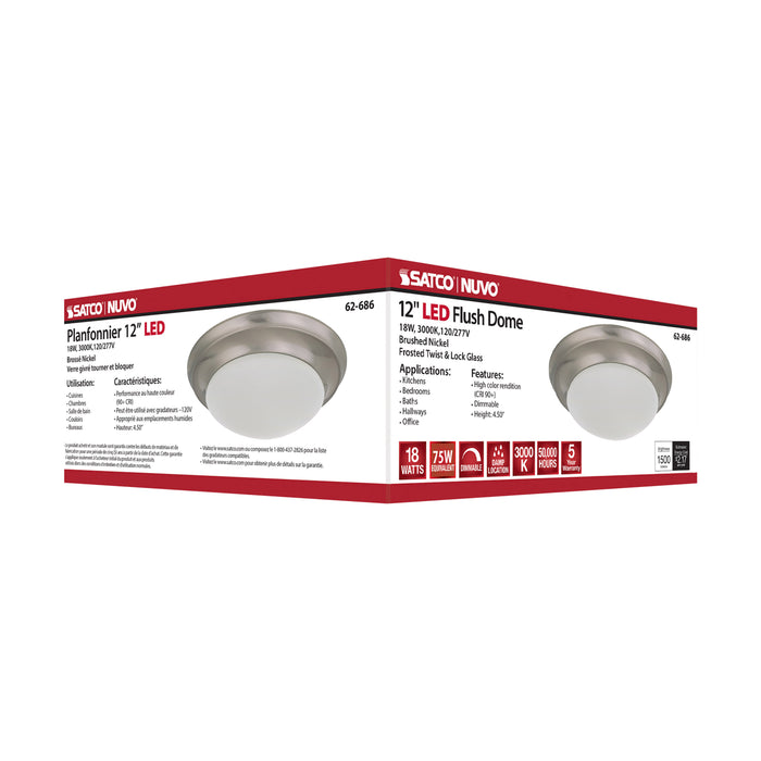 SATCO/NUVO 18W Flush Mount Twist And Lock Fixture LED 12 Inch Brushed Nickel Finish Frosted Glass 1500Lm 3000K 90 CRI (62-686)