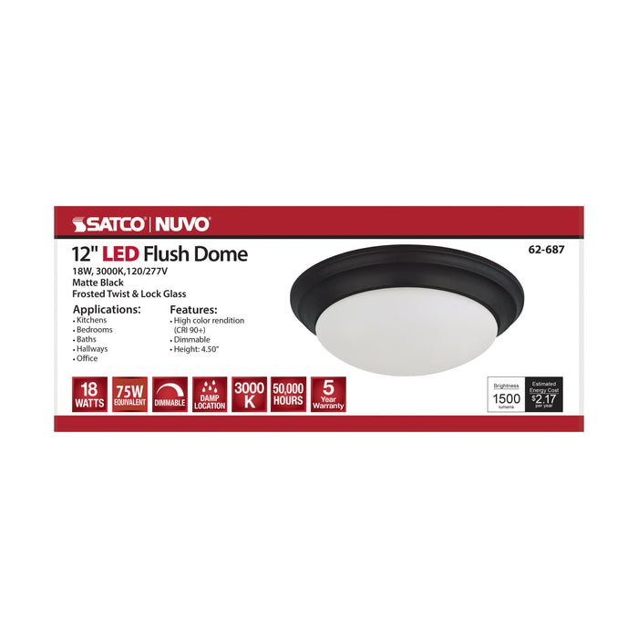 SATCO/NUVO 18W Flush Mount Twist And Lock Fixture LED 12 Inch Matte Black Finish Frosted Glass 1500Lm 3000K 90 CRI  (62-687)