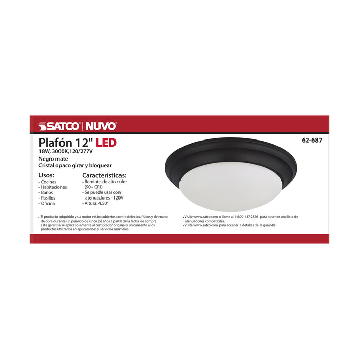SATCO/NUVO 18W Flush Mount Twist And Lock Fixture LED 12 Inch Matte Black Finish Frosted Glass 1500Lm 3000K 90 CRI  (62-687)