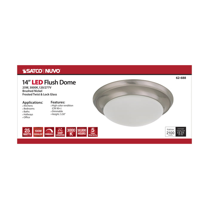 SATCO/NUVO 25W Flush Mount Twist And Lock Fixture LED 14 Inch Brushed Nickel Finish Frosted Glass 2100Lm 3000K 90 CRI (62-688)