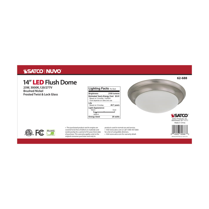 SATCO/NUVO 25W Flush Mount Twist And Lock Fixture LED 14 Inch Brushed Nickel Finish Frosted Glass 2100Lm 3000K 90 CRI (62-688)