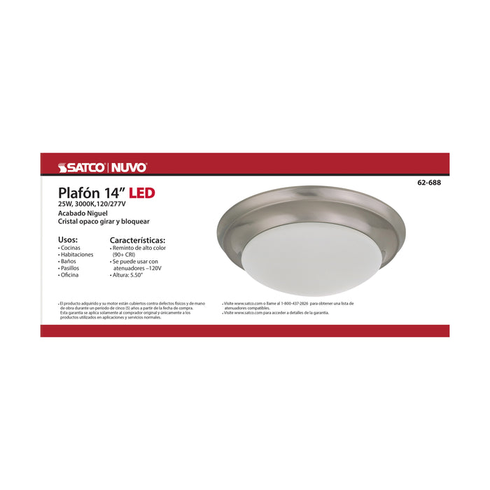 SATCO/NUVO 25W Flush Mount Twist And Lock Fixture LED 14 Inch Brushed Nickel Finish Frosted Glass 2100Lm 3000K 90 CRI (62-688)