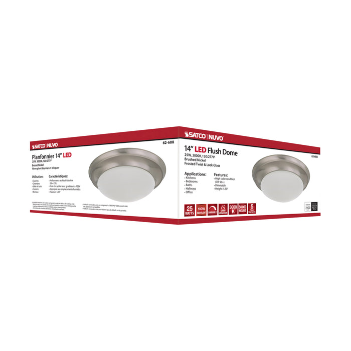 SATCO/NUVO 25W Flush Mount Twist And Lock Fixture LED 14 Inch Brushed Nickel Finish Frosted Glass 2100Lm 3000K 90 CRI (62-688)