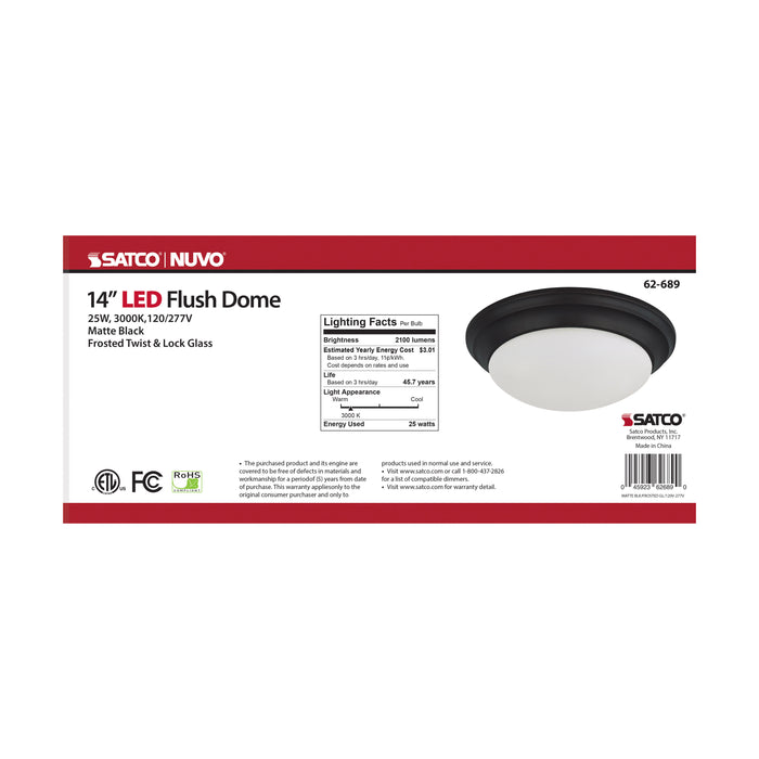 SATCO/NUVO 25W Flush Mount Twist And Lock Fixture LED 14 Inch Matte Black Finish Frosted Glass 2100Lm 3000K 90 CRI (62-689)