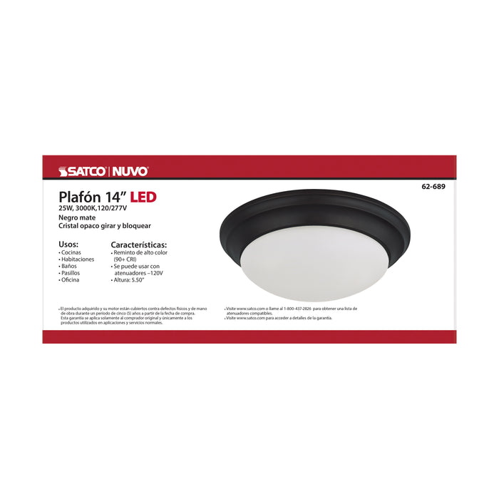SATCO/NUVO 25W Flush Mount Twist And Lock Fixture LED 14 Inch Matte Black Finish Frosted Glass 2100Lm 3000K 90 CRI (62-689)