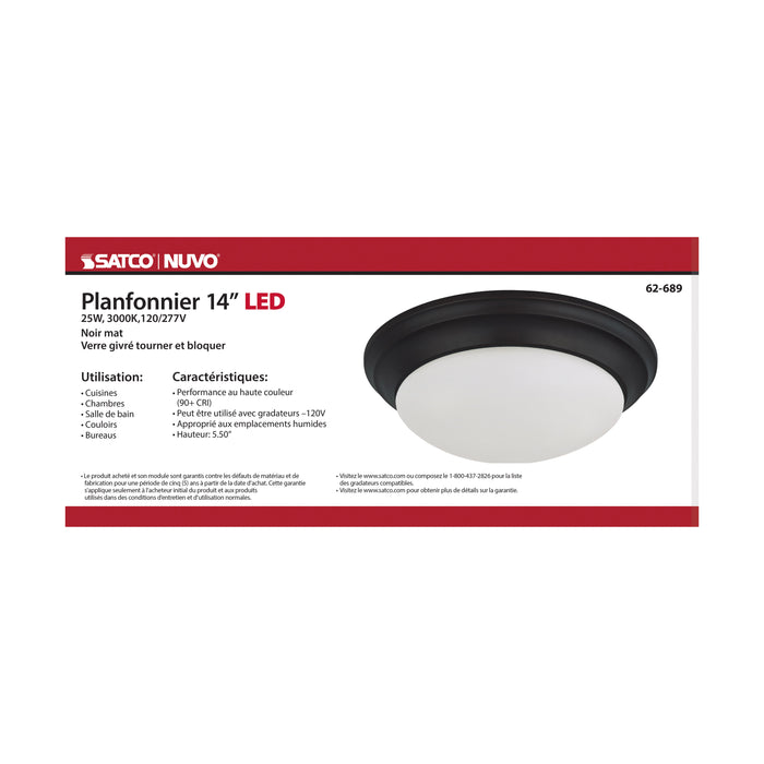 SATCO/NUVO 25W Flush Mount Twist And Lock Fixture LED 14 Inch Matte Black Finish Frosted Glass 2100Lm 3000K 90 CRI (62-689)
