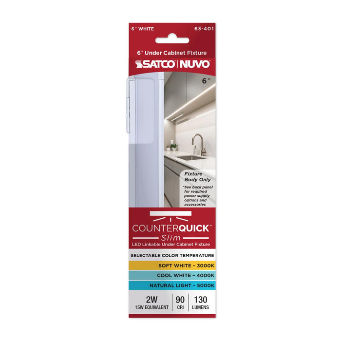 SATCO/NUVO 2W 6-Inch LED Under Cabinet CCT Selectable 3000K/4000K/5000K 90 CRI 120V Dimmable White Finish (63-401)