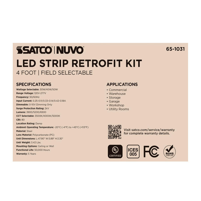SATCO/NUVO 4 Foot LED Strip Retrofit Kit Wattage/CCT Selectable 30W/40W/50W 3500K/4000K/5000K 120-277V 80 CRI 0-10V Dimming White (65-1031)