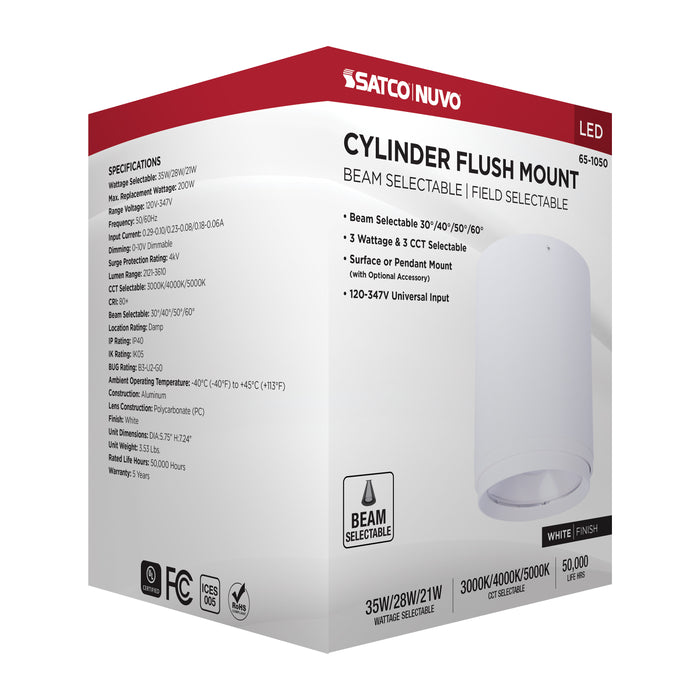 SATCO/NUVO LED Flush Mount Cylinder Wattage/CCT Selectable 35W/28W/21W 3000K/4000K/5000K 80 CRI 120-347V White (65-1050)
