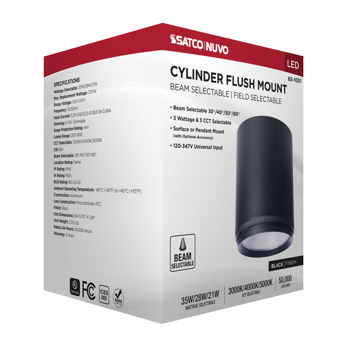 SATCO/NUVO LED Flush Mount Cylinder Wattage/CCT Selectable 35W/28W/21W 3000K/4000K/5000K 80 CRI 120-347V Black (65-1051)