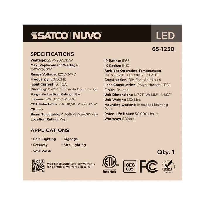 SATCO/NUVO LED Flood Wattage/CCT Selectable 25W/20W/15W 3000K/4000K/5000K 0-10V Dimming 70 CRI Bronze (65-1250)