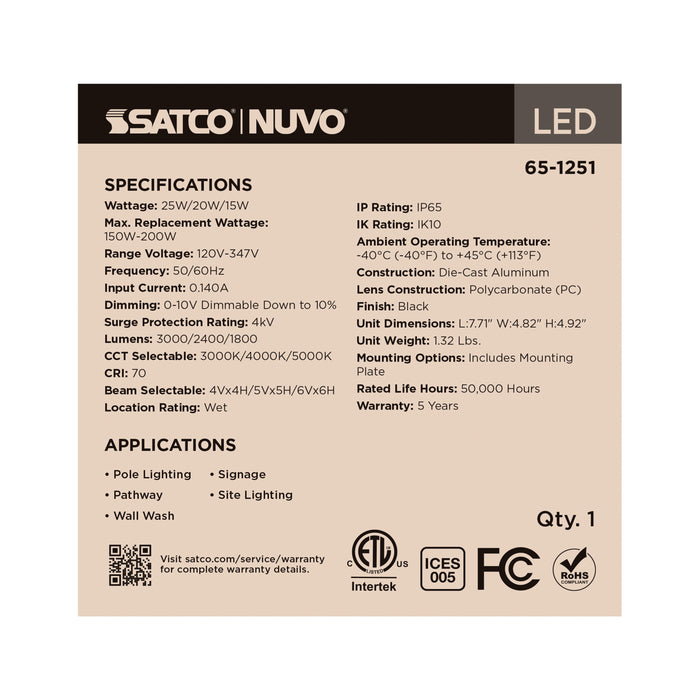 SATCO/NUVO LED Flood Wattage/CCT Selectable 25W/20W/15W 3000K/4000K/5000K 0-10V Dimming 70 CRI Black (65-1251)
