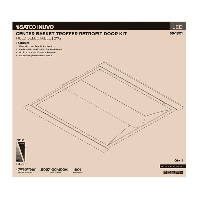 SATCO/NUVO LED 2X2 Center Basket Troffer Retrofit Kit Wattage/CCT Selectable 40W/30W/20W 3500K/4000K/5000K Dimmable 120-277V Matte White Finish (65-1301)