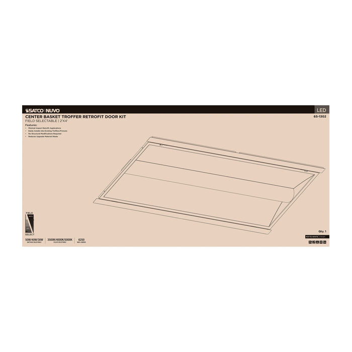 SATCO/NUVO LED 2X4 Center Basket Troffer Retrofit Kit Wattage/CCT Selectable 50W/40W/30W 3500K/4000K/5000K Dimmable 120-277V Matte White Finish (65-1302)