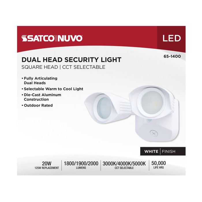 SATCO/NUVO 20W LED Square Dual Head Security Flood Light CCT Selectable 3000K/4000K/5000K 80 CRI 120-277V White Finish (65-1400)
