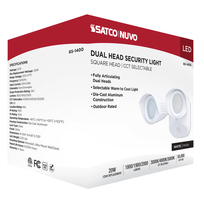 SATCO/NUVO 20W LED Square Dual Head Security Flood Light CCT Selectable 3000K/4000K/5000K 80 CRI 120-277V White Finish (65-1400)