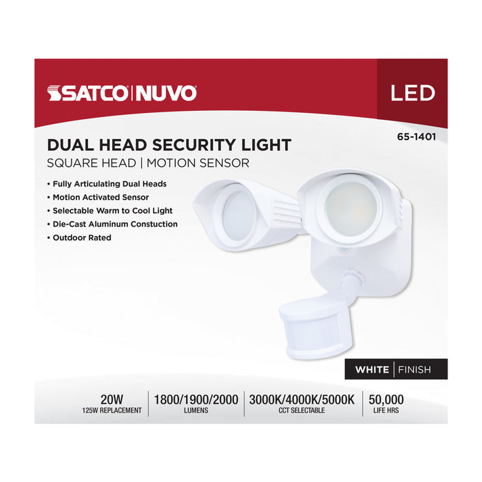 SATCO/NUVO 20W LED Square Dual Head Security Flood Light CCT Selectable 3000K/4000K/5000K 80 CRI 120-277V White Finish Motion Sensor (65-1401)