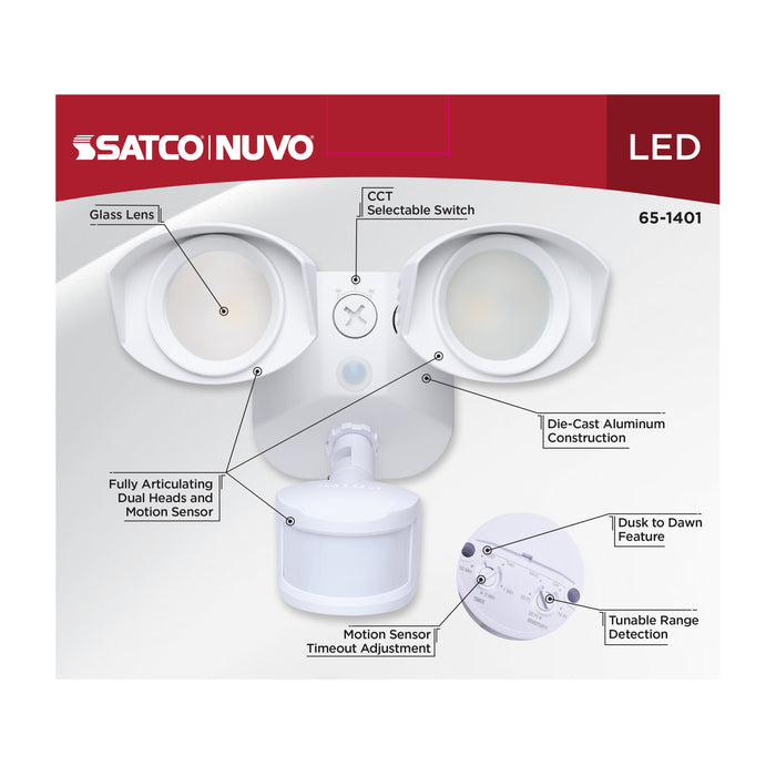 SATCO/NUVO 20W LED Square Dual Head Security Flood Light CCT Selectable 3000K/4000K/5000K 80 CRI 120-277V White Finish Motion Sensor (65-1401)