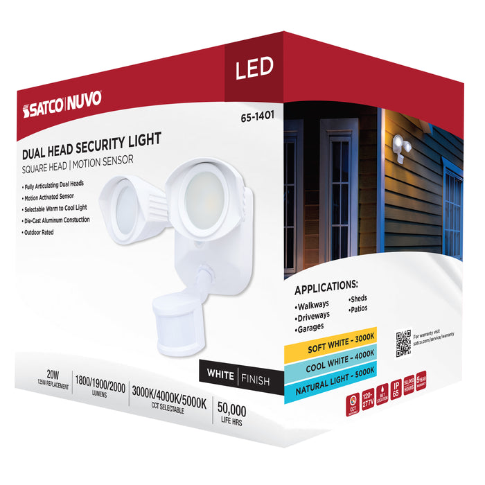 SATCO/NUVO 20W LED Square Dual Head Security Flood Light CCT Selectable 3000K/4000K/5000K 80 CRI 120-277V White Finish Motion Sensor (65-1401)