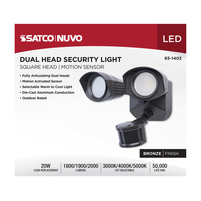 SATCO/NUVO 20W LED Square Dual Head Security Flood Light CCT Selectable 3000K/4000K/5000K 80 CRI 120-277V Bronze Finish Motion Sensor (65-1403)