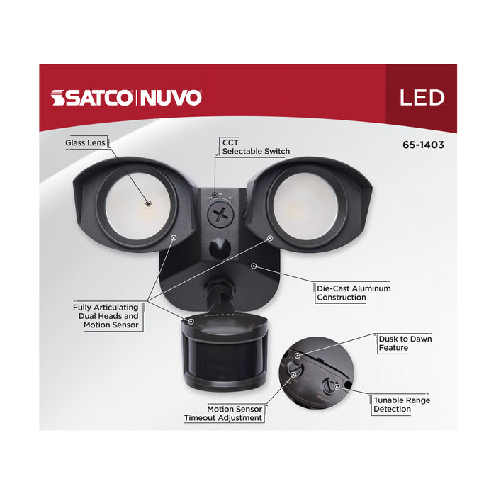 SATCO/NUVO 20W LED Square Dual Head Security Flood Light CCT Selectable 3000K/4000K/5000K 80 CRI 120-277V Bronze Finish Motion Sensor (65-1403)