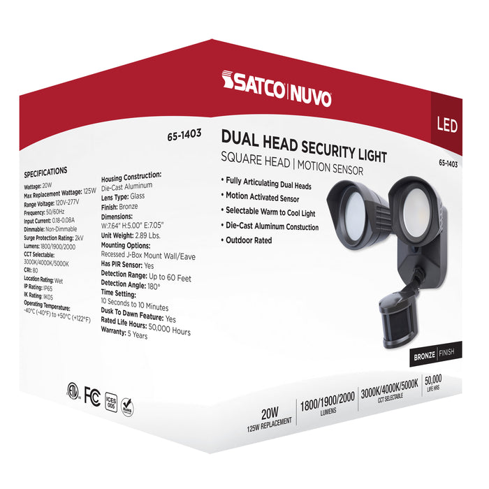 SATCO/NUVO 20W LED Square Dual Head Security Flood Light CCT Selectable 3000K/4000K/5000K 80 CRI 120-277V Bronze Finish Motion Sensor (65-1403)