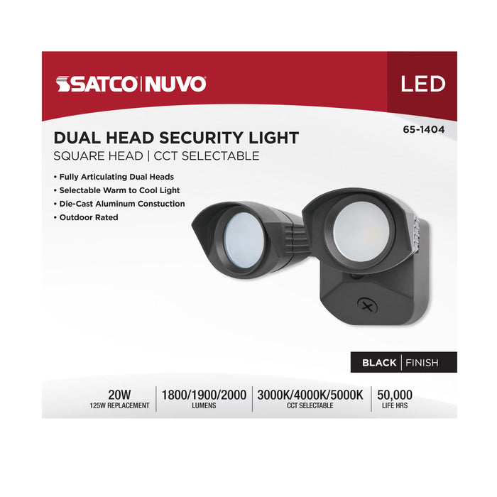 SATCO/NUVO 20W LED Square Dual Head Security Flood Light CCT Selectable 3000K/4000K/5000K 80 CRI 120-277V Black Finish (65-1404)