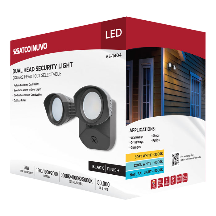 SATCO/NUVO 20W LED Square Dual Head Security Flood Light CCT Selectable 3000K/4000K/5000K 80 CRI 120-277V Black Finish (65-1404)
