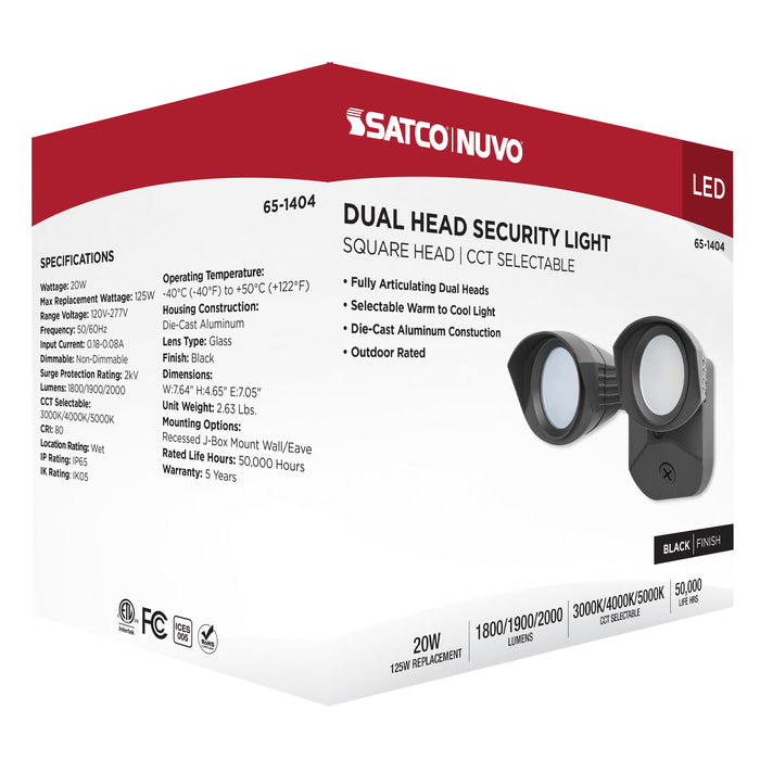SATCO/NUVO 20W LED Square Dual Head Security Flood Light CCT Selectable 3000K/4000K/5000K 80 CRI 120-277V Black Finish (65-1404)