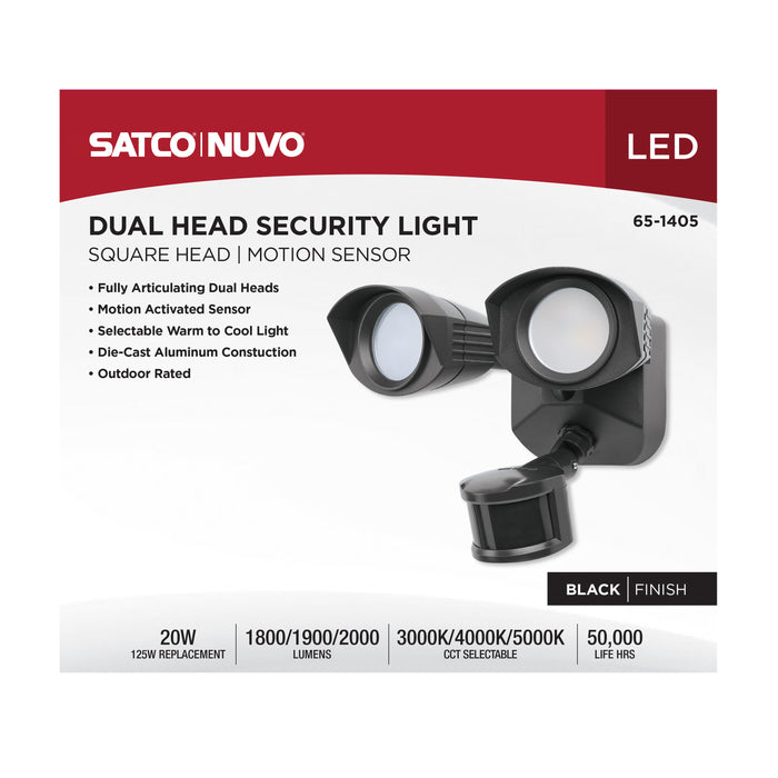 SATCO/NUVO 20W LED Square Dual Head Security Flood Light CCT Selectable 3000K/4000K/5000K 80 CRI 120-277V Black Finish Motion Sensor (65-1405)