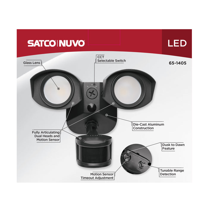 SATCO/NUVO 20W LED Square Dual Head Security Flood Light CCT Selectable 3000K/4000K/5000K 80 CRI 120-277V Black Finish Motion Sensor (65-1405)