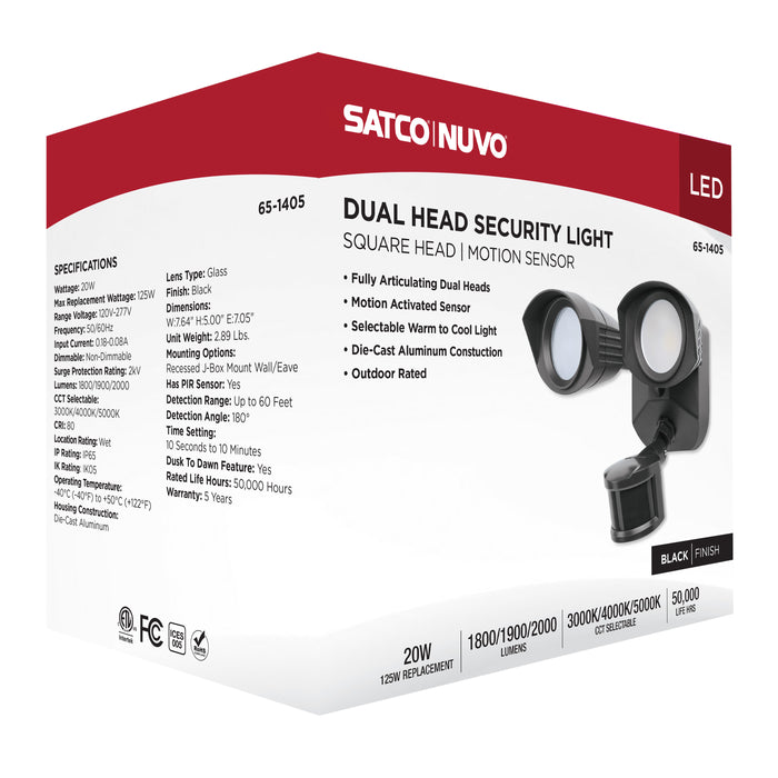 SATCO/NUVO 20W LED Square Dual Head Security Flood Light CCT Selectable 3000K/4000K/5000K 80 CRI 120-277V Black Finish Motion Sensor (65-1405)