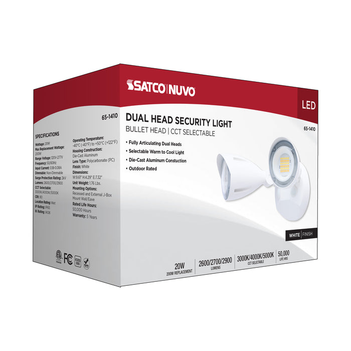 SATCO/NUVO 20W LED Dual Bullet Head Security Flood Light CCT Selectable 3000K/4000K/5000K 80 CRI 120-277V White Finish (65-1410)
