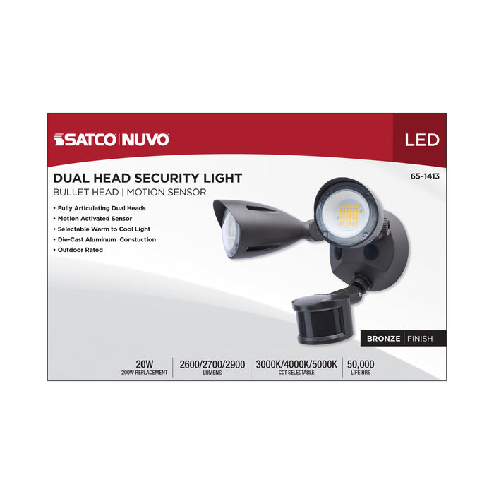 SATCO/NUVO 20W LED Dual Bullet Head Security Flood Light CCT Selectable 3000K/4000K/5000K 80 CRI 120-277V Bronze Finish Motion Sensor (65-1413)