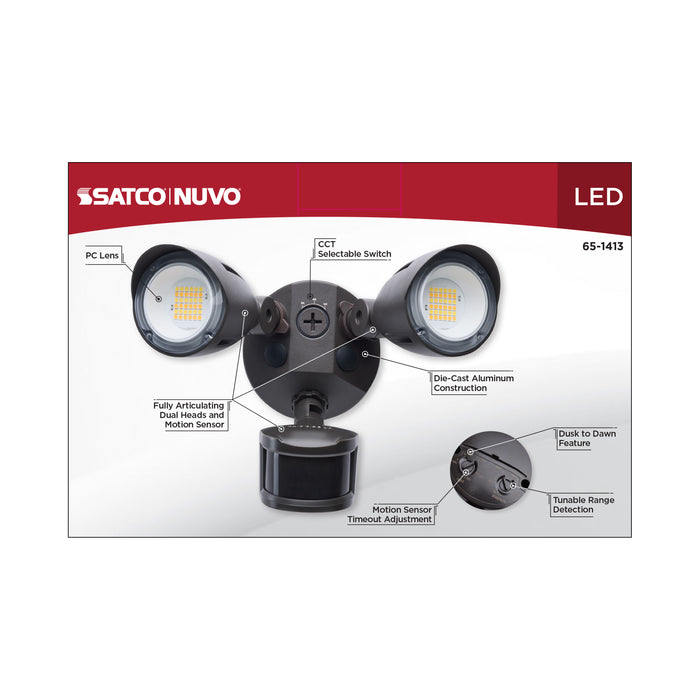 SATCO/NUVO 20W LED Dual Bullet Head Security Flood Light CCT Selectable 3000K/4000K/5000K 80 CRI 120-277V Bronze Finish Motion Sensor (65-1413)