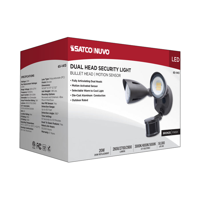 SATCO/NUVO 20W LED Dual Bullet Head Security Flood Light CCT Selectable 3000K/4000K/5000K 80 CRI 120-277V Bronze Finish Motion Sensor (65-1413)