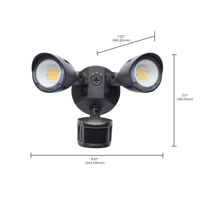 SATCO/NUVO 20W LED Dual Bullet Head Security Flood Light CCT Selectable 3000K/4000K/5000K 80 CRI 120-277V Bronze Finish Motion Sensor (65-1413)