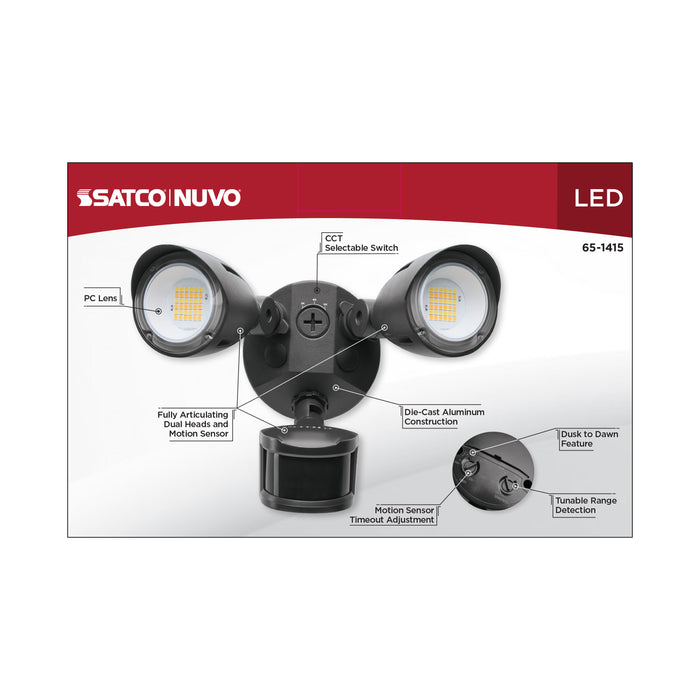 SATCO/NUVO 20W LED Dual Bullet Head Security Flood Light CCT Selectable 3000K/4000K/5000K 80 CRI 120-277V Black Finish Motion Sensor (65-1415)