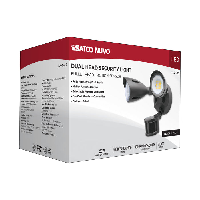 SATCO/NUVO 20W LED Dual Bullet Head Security Flood Light CCT Selectable 3000K/4000K/5000K 80 CRI 120-277V Black Finish Motion Sensor (65-1415)