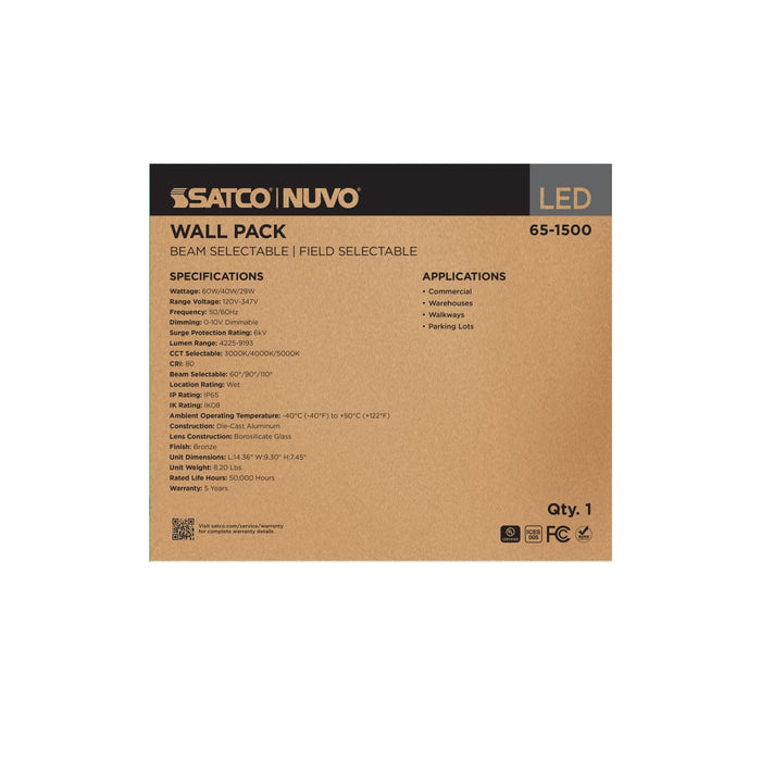 SATCO/NUVO LED Wall Pack Wattage/CCT Selectable 60W/40W/29W 3000K/4000K/5000K Beam Angle Selectable 60/90/110 Degree 120-347V (65-1500)