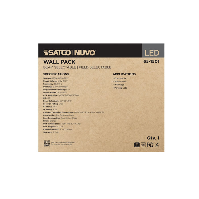 SATCO/NUVO LED Wall Pack Wattage/CCT Selectable 120W/100W/80W 3000K/4000K/5000K Beam Angle Selectable 60/90/110 Degree 120-347V (65-1501)