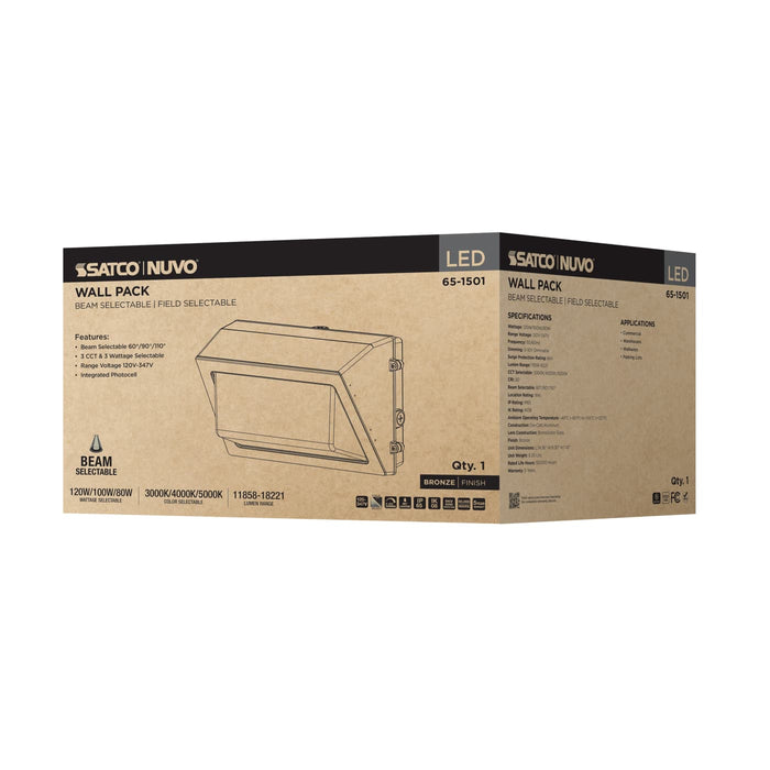 SATCO/NUVO LED Wall Pack Wattage/CCT Selectable 120W/100W/80W 3000K/4000K/5000K Beam Angle Selectable 60/90/110 Degree 120-347V (65-1501)