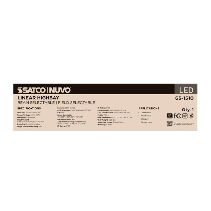 SATCO/NUVO LED Linear High Bay Wattage/CCT Selectable 105W/90W/70W 3000K/4000K/5000K Beam Angle Selectable White Finish 120-347V (65-1510)