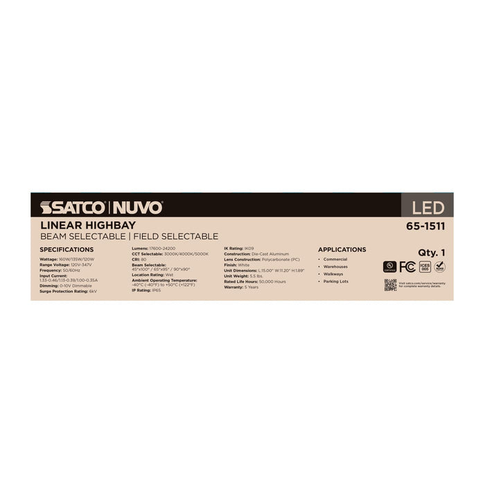 SATCO/NUVO LED Linear High Bay Wattage/CCT Selectable 160W/135W/120W 3000K/4000K/5000K Beam Angle Selectable White Finish 120-347V (65-1511)