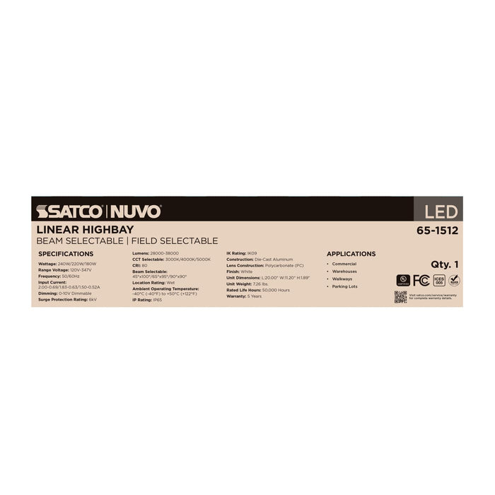 SATCO/NUVO LED Linear High Bay Wattage/CCT Selectable 240W/220W/180W 3000K/4000K/5000K Beam Angle Selectable White Finish 120-347V (65-1512)