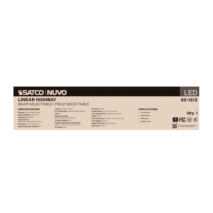SATCO/NUVO LED Linear High Bay Wattage/CCT Selectable 320W/295W/225W 3000K/4000K/5000K Beam Angle Selectable White Finish 120-347V (65-1513)