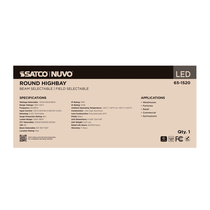 SATCO/NUVO LED UFO High Bay Wattage/CCT Selectable 120W/100W/80W 3000K/4000K/5000K 120-347V Selectable Beam Angle 60/80/100 Degree Black (65-1520)